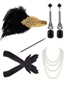 5pcs 1920s Women's Headpiece Elegant Costume Accessory Set, Premium Vintage Accessories Suitable For Bachelorette Party, Masquerade, Includes Headband, Gloves And Props, 4pcs Holiday Decoration - Multicolor - View 4