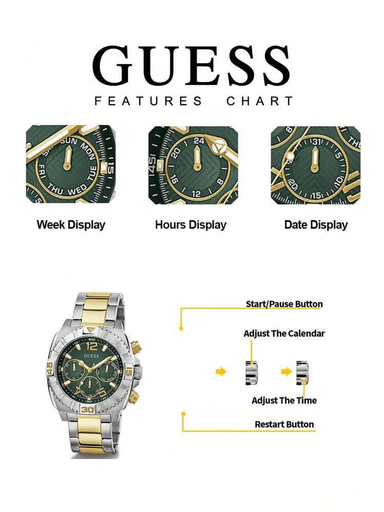 Guess Trene 男士豪华多功能石英计时腕表 GW0800G1，绿色表盘，不锈钢表带。适合日常商务着装，是送给丈夫和父亲的完美礼物。 - 綠色 - 查看 5