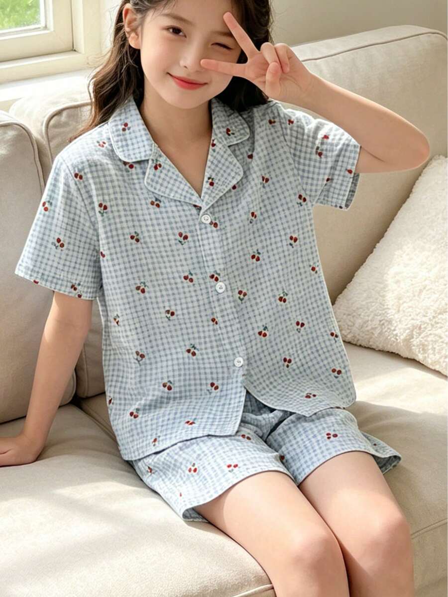 两件套可爱泡沫褶皱樱桃印花女童睡衣，面料柔软舒适，翻领设计，非常适合睡衣派对和轻松的夜晚 - 藍色 - 查看 1
