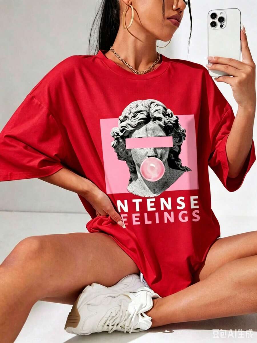 T-Shirt With Sculpture Graphic And Lettering, Off-The-Shoulder Graphic Blouses For Women, Summer Blouses For Women - 紅色 - 查看 1