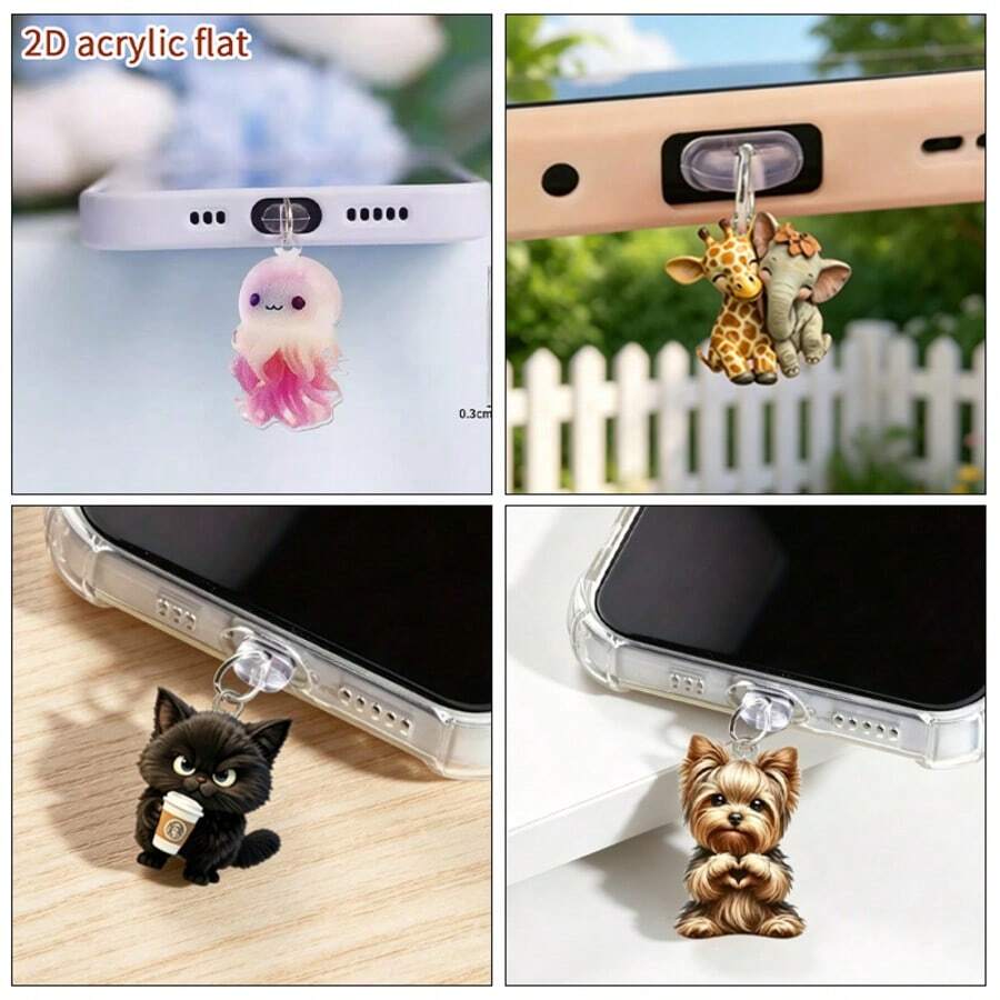 4pcs 2D Cute Animal Acrylic Dust Plug, Suitable For Lightning/Type-C Interface Decoration Pendant - View 1