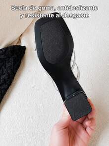 Sandalias para dama elegantes de tacón grueso con detalle de moño y punta cuadrada, zapatos para mujer de cuero sintético minimalistas cómodos y modernos - Plateado - Ver 8