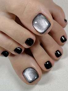 Dark Ins Style 24pcs Black Cat Eye Crystal Toe Nail Art, Black Cat Eye Elegant Dynamic Fashion Casual Versatile Toe Fake Nails, Spring Summer Travel Daily Essential - Black - View 10