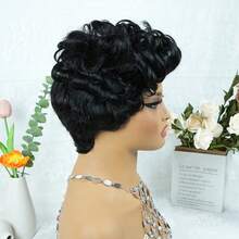 Put On And Go Chic Pixie Cut Wig With Bangs For Women 180% Density 6 Inch Short Curly Brazilian Remy Human Hair Pre-Plucked Short Bob Wigs Full Machine Made Ideal For Daily Use & Halloween And Christmas Wear - Natural Black - View 5