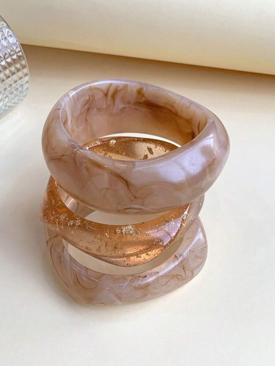 3pcs Fashionable Retro Bohemian Style Exaggerated Asymmetric Resin Bangle Set, Suitable For Women's Daily Wear, Holiday Gift - Multicolor - View 1