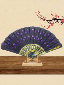 1pc Forever & Moment Elegant Colorful Embroidered Floral Pattern Sequin Fabric Folding Hand Fan, Suitable For Group Dance, Wedding And Festival - Multicolor - View 20