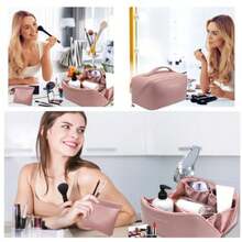 Bolsa de Cosmeticos de Viaje, Cosmetiquera de Piel para Mujeres, Neceser de Viaje Impermeable, Makeup Bag de Gran Capacidad, Bolsa de Maquillaje Portátil, Bolsa de Aseo con Asa Rosa - Rosa-1 - Ver 7