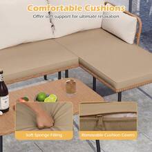 COSTWAY 3-Piece L-Shaped Outdoor Patio Sofa Set, Boho Rattan Outdoor Conversation Set W/Cushions, Coffee Table & Removable Covers, Sectional Lounge Set For Porch, Balcony & Backyard, Brown/White - Brown - View 2