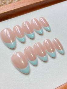10pcs Handmade Press-On Nails, Short Almond Shape Fake Nails, Nude Pink Base With French Tip, Cat Eye Effect, Reusable Salon Quality, Beginner-Friendly Nail Stickers For Daily Wear And Party - Multicolor - View 5