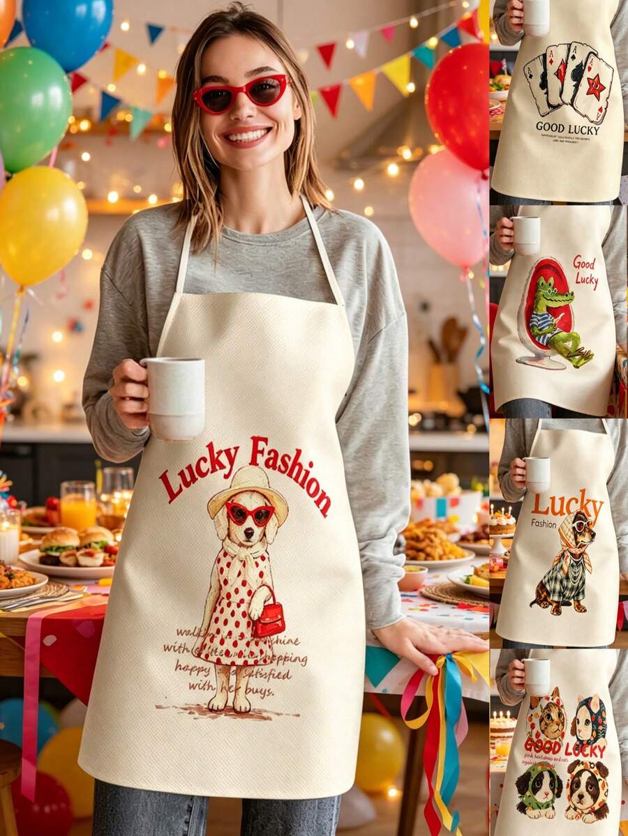 1pc, Cute Dog & Crocodile Pattern Polyester Apron, Suitable For Cooking, Baking, And Gardening - Can Be Used As Attire For The Kitchen And Dining. - Multicolor - View 1