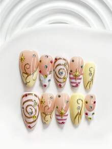 10Pcs Y2K Style Handmade Press On Nail,Polygel Nail Set,Colorful Rhinestone Accents And Starburst,Yellow And Pink Nail Polish,Edgy,Avant Garde Style,Includes Nail Tools,3 Sizes Available,Square,Short Square,Almond,Nails For Party,Dance,Daily Wear. - 彩色 - 查看 19