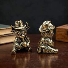 復古純黃銅西部牛仔牦牛雕像，吹奏排笛的高地牛，做舊黃銅手工雕刻長毛紋理，戴牛仔帽，手持手風琴創意設計，茶桌茶寵，辦公桌裝飾 - 1PC - 查看 8