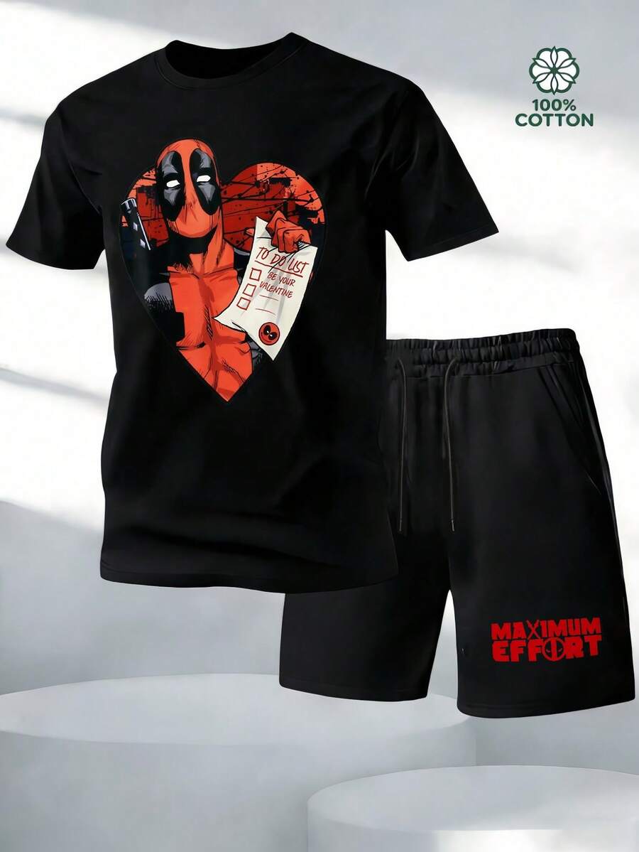 Marvel Deadpool Heart List Mens Short Sets Cotton T-Shirt And Shorts Set Streetwear Casual Clothes For Men Summer Men's Gifts - 黑色 - 查看 1