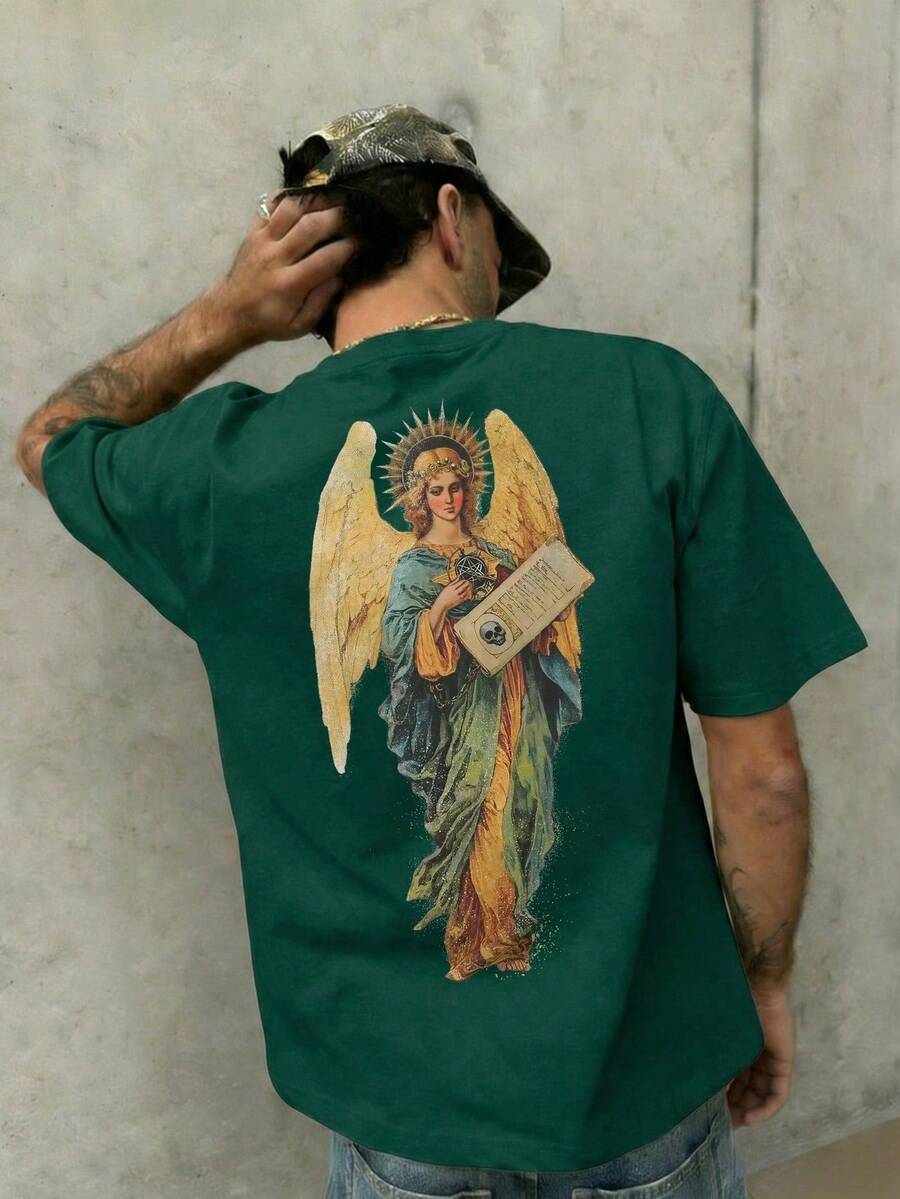 Fractyr Men's Casual Rock And Hip Hop Style Loose Fit Short Sleeve T-Shirt | Angel Print | Exquisite Design | Spring/Summer Must-Have | Basic, Retro, And Versatile Style - Hitam - View 1