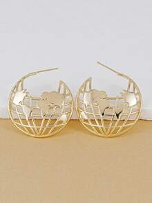 Vintage Hollow Geometric Globe World Map Hoop Earrings Open Grid Continent Statement Drop Earrings For Women - Yellow Gold - View 3