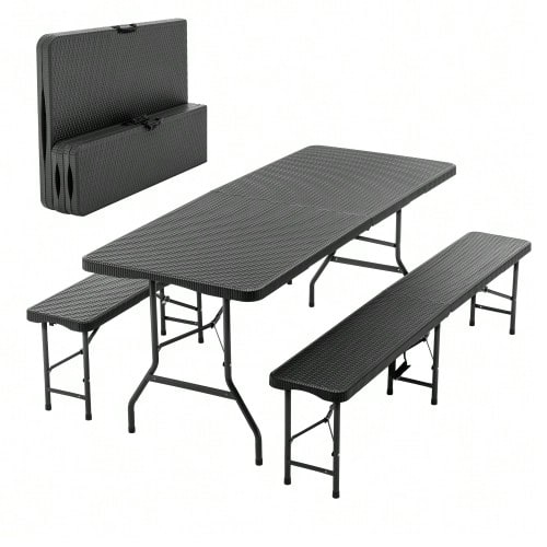 6ft Klappbarer Picknicktisch Mit 2 Bänken, 3-Teiliges Camping Set, HDPE Tischplatte Mit Baummuster, Sicherheitsverriegelung, UV- & Wasserbeständig, Schwarz