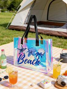Holographic Rainbow Starfish & Shell Print Transparent Tote Bag, Colorful Transparent Beach Bag, Large Waterproof PVC Swimming Bag, Portable Transparent Travel Shoulder Bag, Lightweight Durable Pool Bag, Fashion Transparent Handbag Suitable For Beach Vacation, Swimming, Sports Training, Fitness, Travel, Daily Outings, Shopping, Mother's Day, Birthday, Anniversary, Party Gifts For Women, Girls, Moms, Friends, Summer Essential - Multicolor - View 9