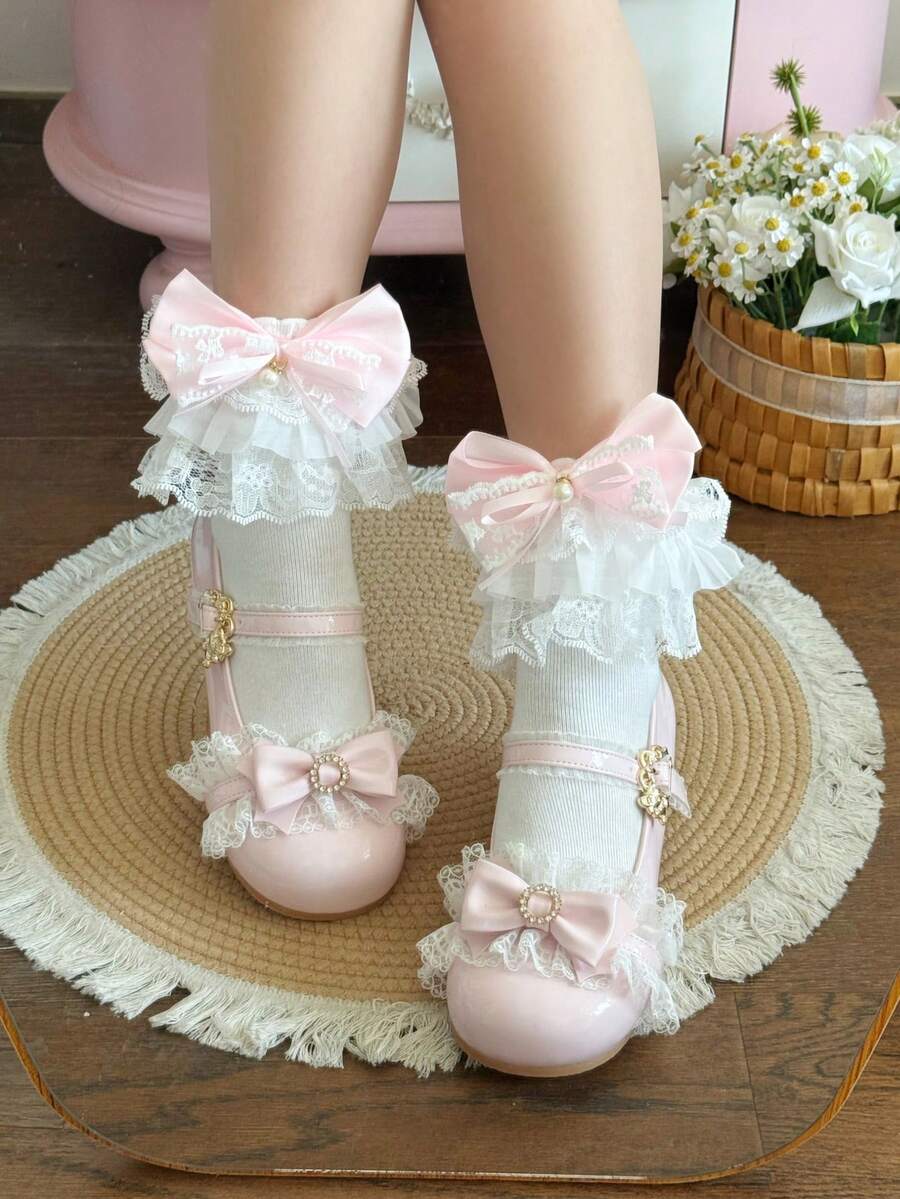 1 Đôi Tất Nữ Mùa Xuân/Hè Mỏng Viền Ren Nơ Cao Đến Bắp Chân, Phong Cách JK Đa Năng - trắng - Xem 1