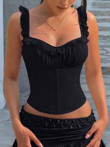Top corto tipo bustier ajustado con estructura de ballenas y volantes de unicolor elegante, ajuste estilizante para vacaciones de verano & festival de música negro - Negro - Ver 1