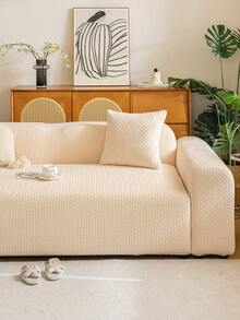 1pc Solid Color Fleece Full Coverage Elastic Sofa Cover, Geometric Pattern Design, Foam Rod Fixed Non-Slip Pet-Friendly, All Season Use Vacation Leisure Holiday Decor, Combination Sofa Chaise Lounge Straight Sofa Sofa Cover - Beige - View 5