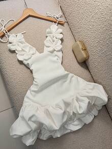 Elio Closet 女士夏季休闲优雅简约性感深V露背手工花卉装饰下午茶芭蕾薄纱连衣裙，适合派对、毕业典礼、返校、假期、暑假、约会、海滩旅行 白色 - 白色 - 查看 1