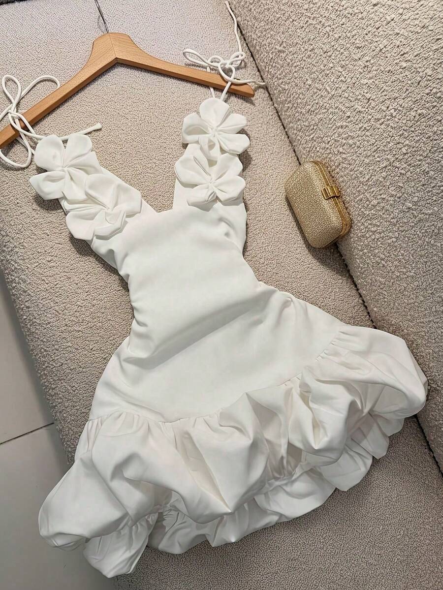 Elio Closet 女士夏季休闲优雅简约性感深V露背手工花卉装饰下午茶芭蕾薄纱连衣裙,适合派对、毕业典礼、返校、假期、暑假、约会、海滩旅行 白色 - 白色 - 查看 1