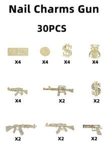 30件 3D美甲飾品，金色合金槍形與美金硬幣形美甲寶石，女性與女孩美甲藝術設計裝飾配件與用品，DIY藝術或手工製作 - 金色 - 查看 6