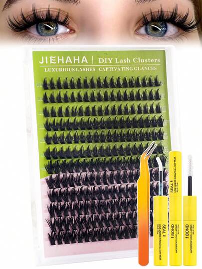 216 Clusters Single Cluster False Eyelash Set -- 0.10mm 56D 8-16mm Mixed Size, Fine Band Root Eyelash Clusters; Includes Eyelash Glue, Styling Liquid, Remover And Tweezers, Helping You Easily DIY Eyelash Extensions At Home