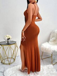 AIJ Sexy Women's Long Bodycon Dress, Elegant Sleeveless Cami Gown With Ruched Details, High Stretch Fabric, And Split Thigh For Parties - Coffee - View 2