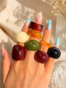 8pcs/Set Fashionable Elegant High-End Exquisite Creative Unique Exaggerated Colorful Versatile Geometric Resin Ring Set, Suitable For Women's Daily Wear, Festivals And Parties - Multicolor - View 2