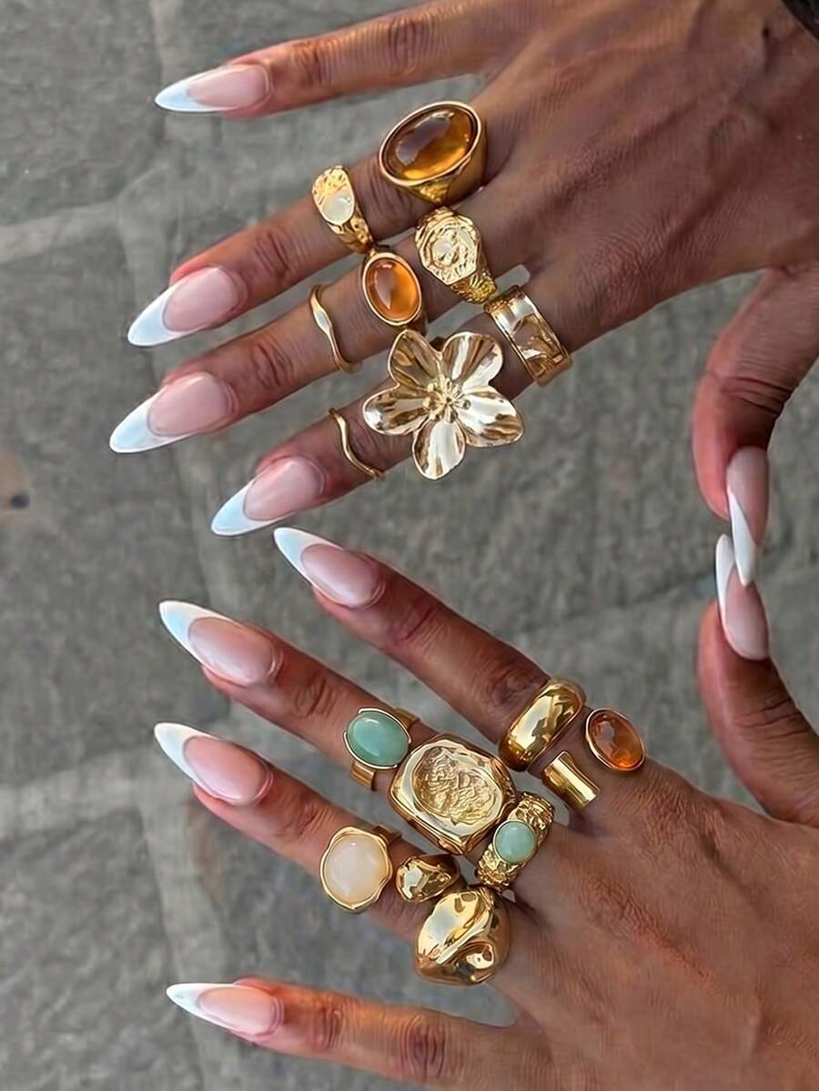 16pcs/Set Vintage Geometric Jade Inlaid Ring Set, Women's Thick Metal Gold Tone Rings, Suitable For Women's Daily Wear And Party Decoration, Gift Jewelry Set (Ring Texture Random)