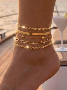 5pcs/Set Multi-Layer Stackable Gold Anklet Set, Light Luxury Niche Minimalist Design, Versatile High-End Beach Vacation Foot Jewelry For Women - Gold - View 4