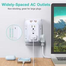 帶防浪湧保護的牆壁插座擴展器，6 個寬間距 AC 插座 & 4 個 USB 接口 (2 個 USB C)，四面多插頭牆壁充電器適配器，適用於居家、旅行、辦公室 - 查看 7