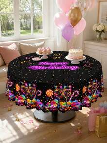 A Neon Candy Printed Polyester Tablecloth, Black Multicolored Happy Birthday Tablecloth, Suitable For Birthday Parties, Cake And Dessert Parties, Family Gatherings, Multi-Functional Decorative Tablecloths, And Indoor Holiday Decorations. - A - View 4