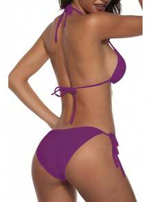 Women Two Piece Swimsuit Sexy Swimwear Halter String Triangle Bikini Sets - Darkpurple2 - View 3