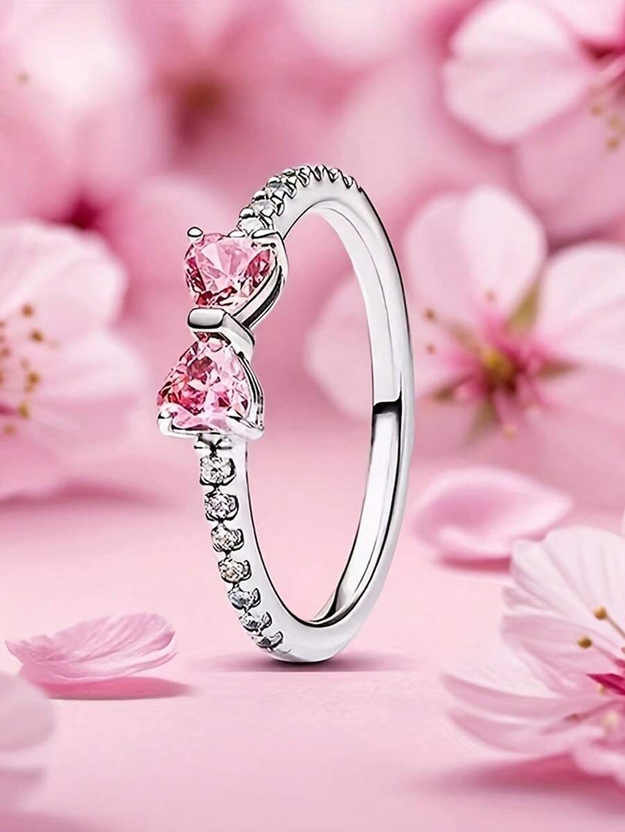 1pc Kids Cubic Zirconia Heart Shaped Ring, Birthday Gift - Pink - View 1