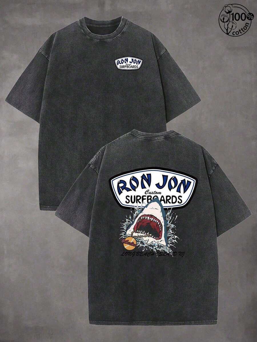 Vintage Washed Rons Jon Surf Shop Long Beach Island Shark Graphic T-Shirt, 100% Cotton Oversized Short Sleeve Tee, Retro Surf Style - size - 查看 1