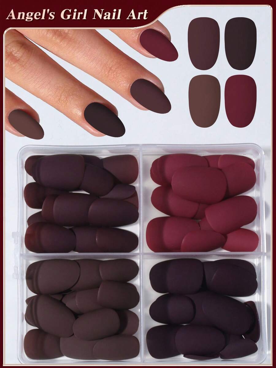 96pcs/Box (4 Boxes Assorted) Short Oval Red Matte Nail Stickers, Short Acrylic Nail Stickers, Full Coverage False Nails, Includes 1 Gel Polish And 1 Nail File, With Storage Box, Suitable For Women And Girls Daily Life And Parties - Multicolor - View 1