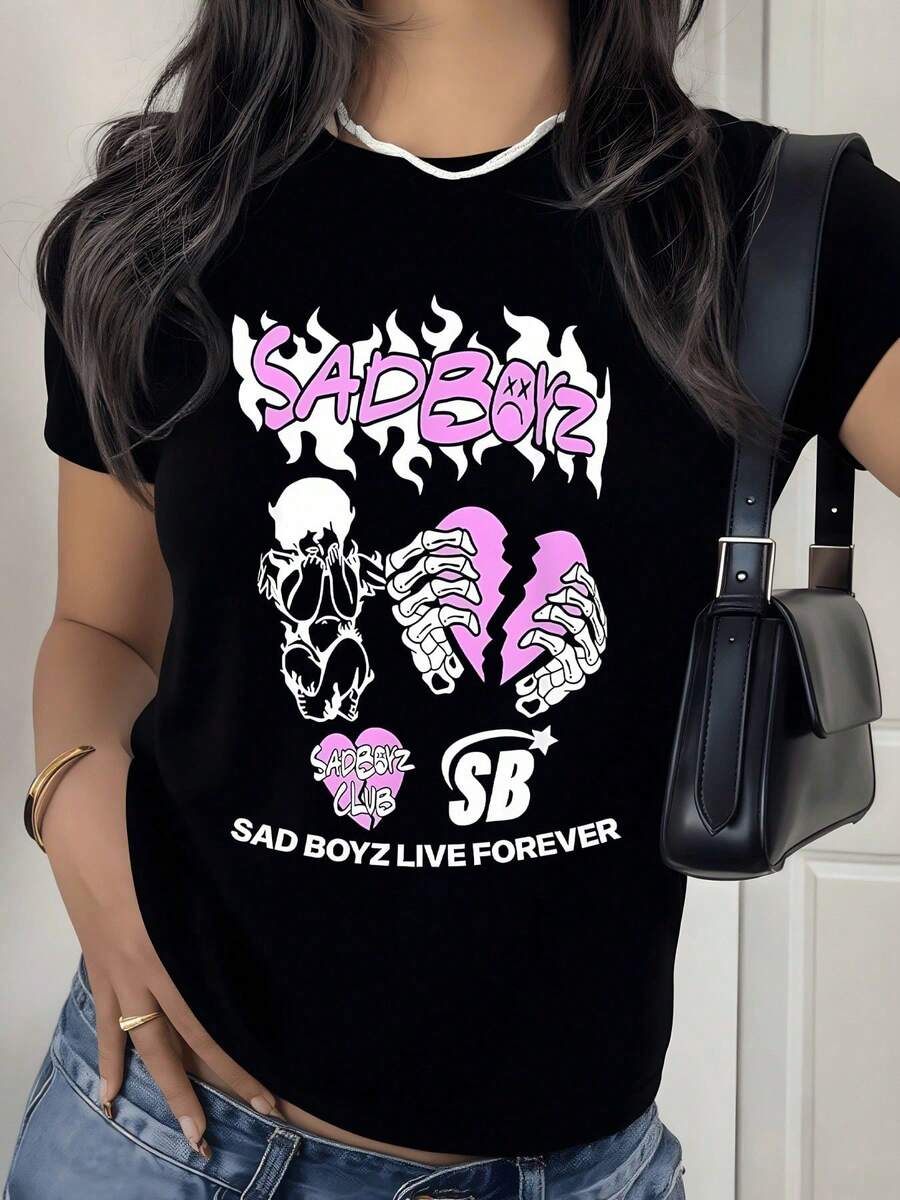 Broken Heart In Shades Of Pink Surrounded By Skeletal Hands Symbolizing Sadness And Inner Strength. Women's T-Shirt, 100% Cotton, Casual, Modern, Comfortable - 黑色 - 查看 1