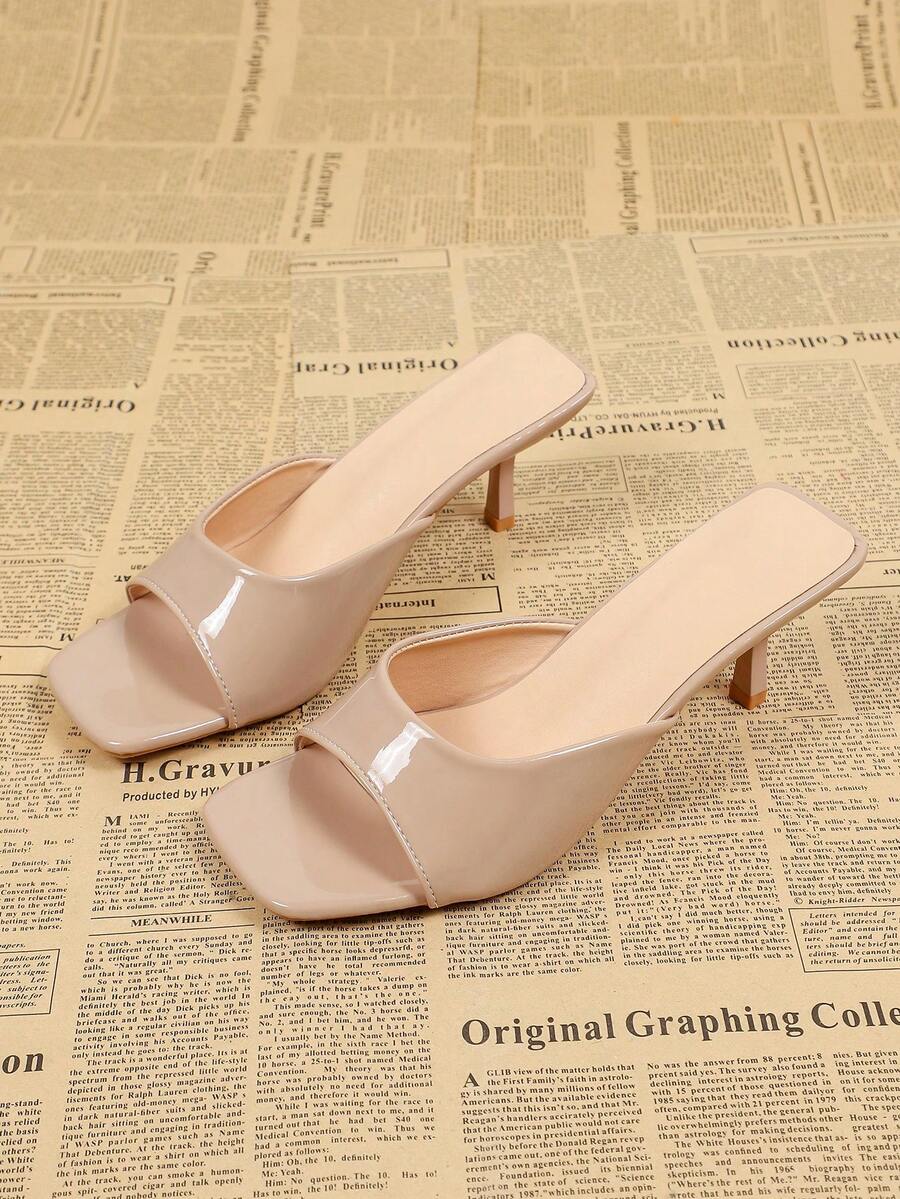 Sandalias de tacón alto para mujer con punta cuadrada y abierta, estilo slip-on, color albaricoque, versátiles con tacón de aguja para el verano - Albaricoque - Ver 1