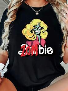 Camiseta de Mujer con Estampado de Anime Zombie, Cuello Redondo Casual, Tejido de Punto de Poliéster, Manga Corta, Ligeramente Elástica, Largo Regular, Top para Primavera/Verano/Otoño - Negro - Ver 1