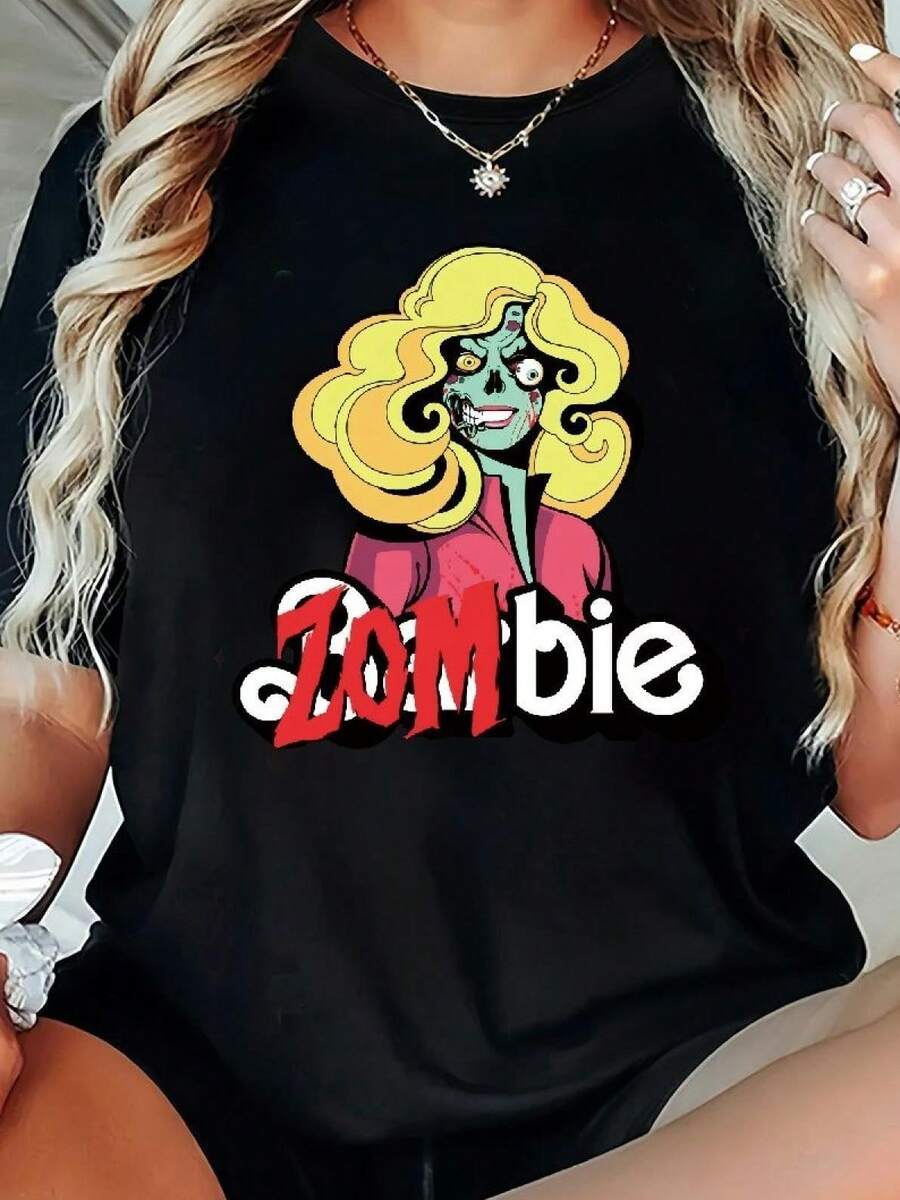 Camiseta de Mujer con Estampado de Anime Zombie, Cuello Redondo Casual, Tejido de Punto de Poliéster, Manga Corta, Ligeramente Elástica, Largo Regular, Top para Primavera/Verano/Otoño - Negro - Ver 1