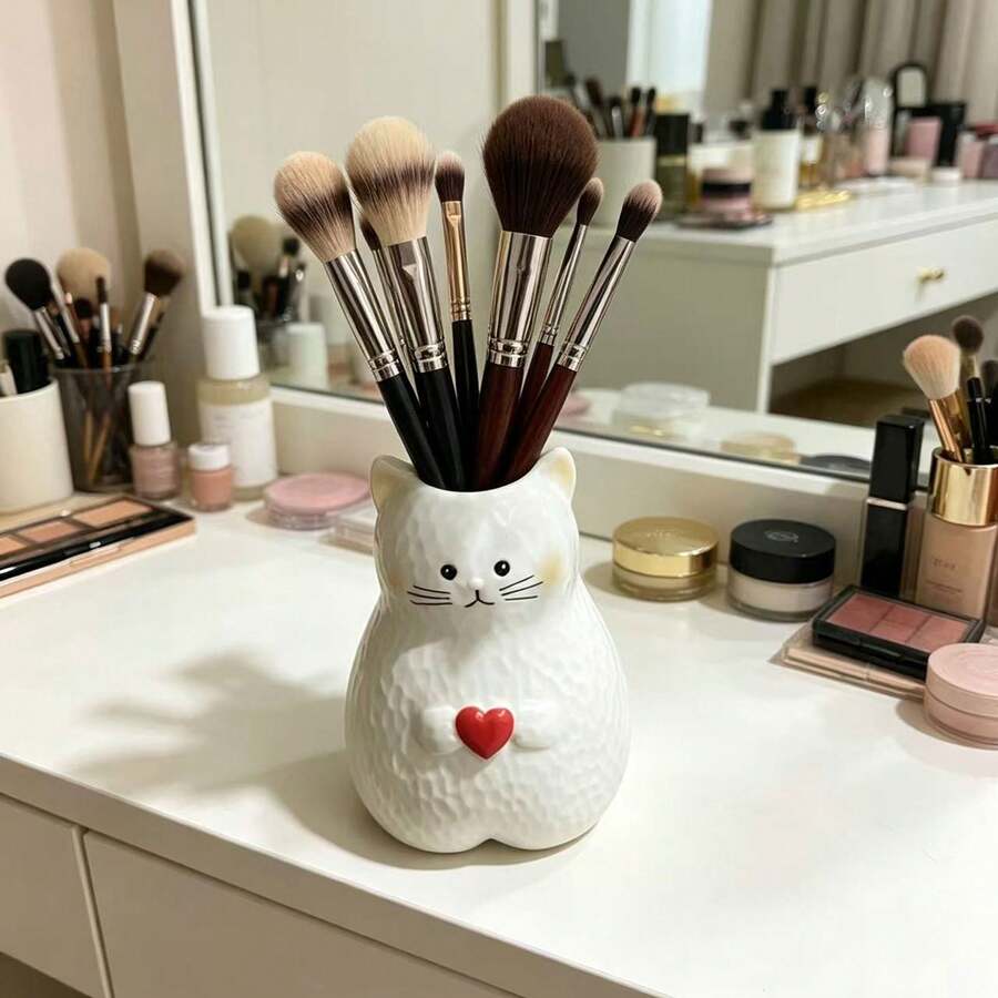 1pc Creative Heart Cat Shaped Vase Makeup Brush Holder Desktop Gift Home Decor - Multicolor - View 1