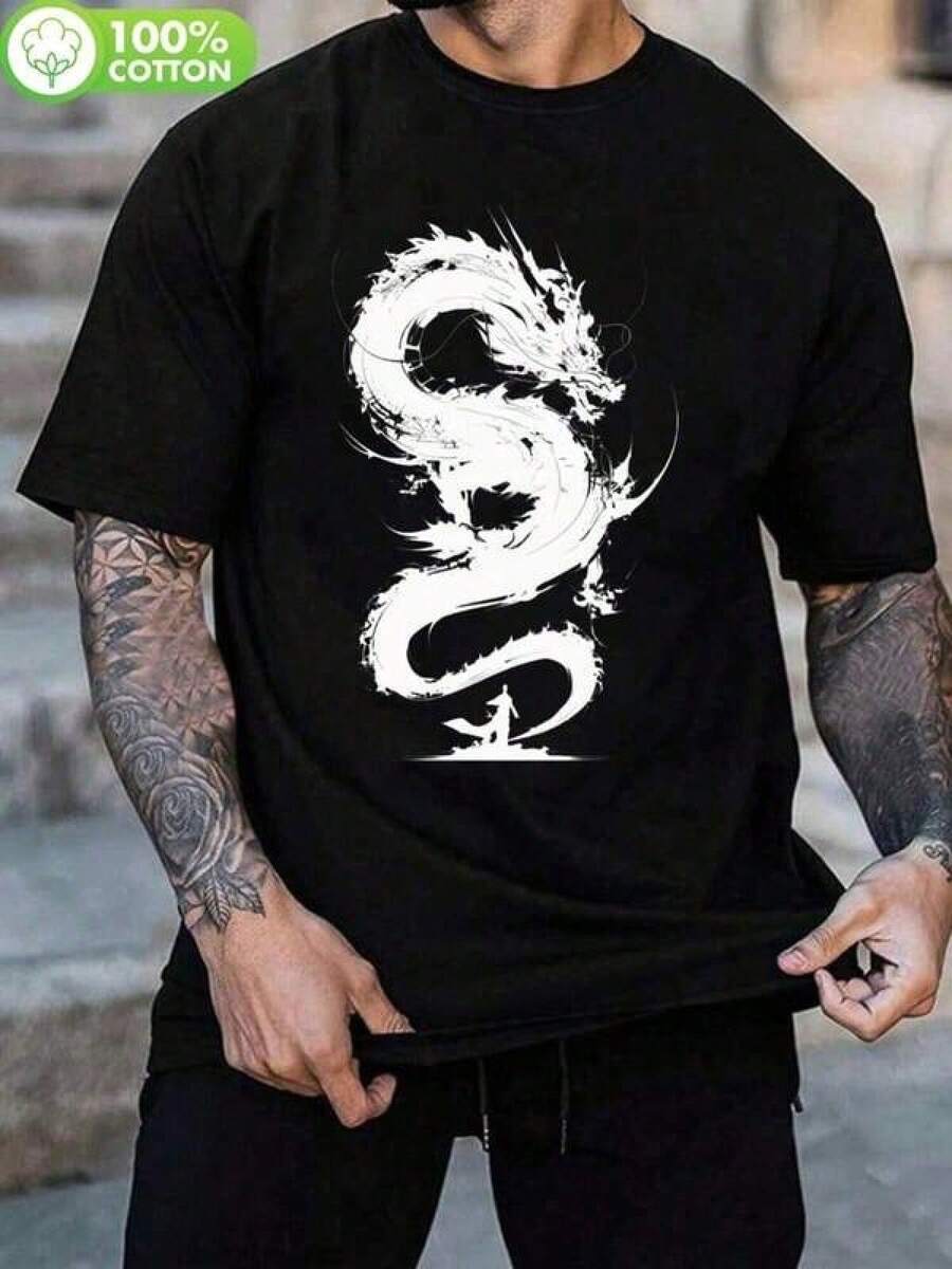 Camiseta estampada, camisetas gráficas de algodón talla grande, manga corta con cuello redondo de dibujos animados, camiseta de algodón negra para hombre con dragón blanco, estilo urbano, ma - Negro - Ver 1