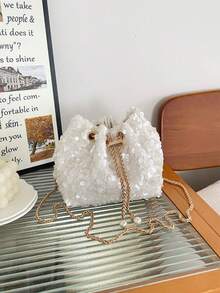 Bolso cubo mini con cordón y lentejuelas blancas en todo el Body, bolso de hombro con cadena de metal exquisita, bolso de mano de noche para fiestas de nicho - Blanco - Ver 11