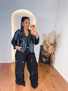 Women's Plus Size Black Faux Leather Jacket - Modern, Elegant, With Front Zipper | Casual Fashion Autumn/Winter - 黑色 - 查看 2