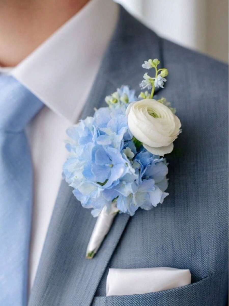 1件/6件装浅蓝色绣球花男士胸花,适合婚礼、新郎及伴郎佩戴;毛茛花胸花,触感逼真,人造丝材质,男士腕花别针,完美适用于婚礼、舞会、周年纪念、复古乡村婚礼等场合。 - 淺藍色 - 查看 1