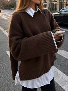 New Women's Square Round Neck Brown Ribbed Collar Pullover Knit Sweater, Casual Everyday Versatile - Brown - View 1