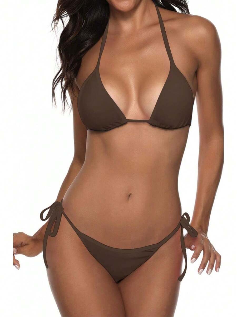 Women Two Piece Swimsuit Sexy Swimwear Halter String Triangle Bikini Sets - Coffee - View 1