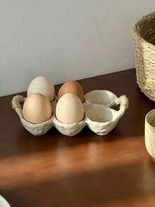 1pc Vintage Distressed Rope Handle 6-Slot Ceramic Egg Storage Tray, Rustic Coarse Pottery Egg Freshness Tray, Home Refrigerator Kitchen Egg Storage Rack, Ins Japanese Style Baking Platter Tableware Breakfast Storage Decor Soft Furnishing Gift Container, Fresh Egg Storage, Kitchen Tabletop Decoration, Viral Same-Style Daily Kitchenware - Multicolor - View 3